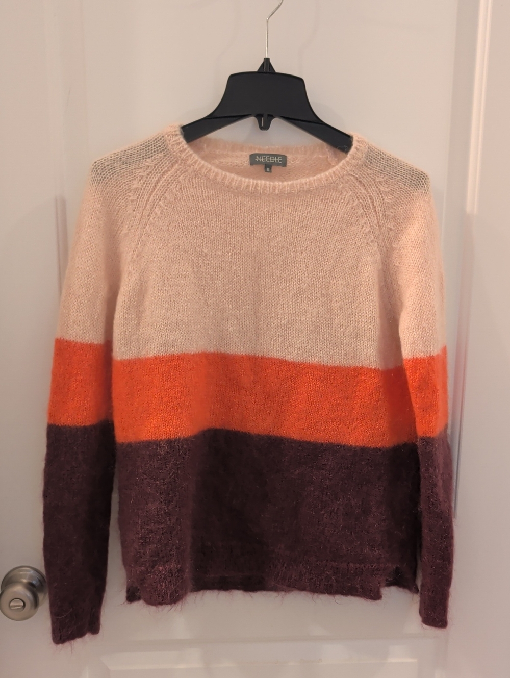 Needles Colorblock Mohair-Merino Wool Blend Crew Sweater in Cream, Orange & Plum